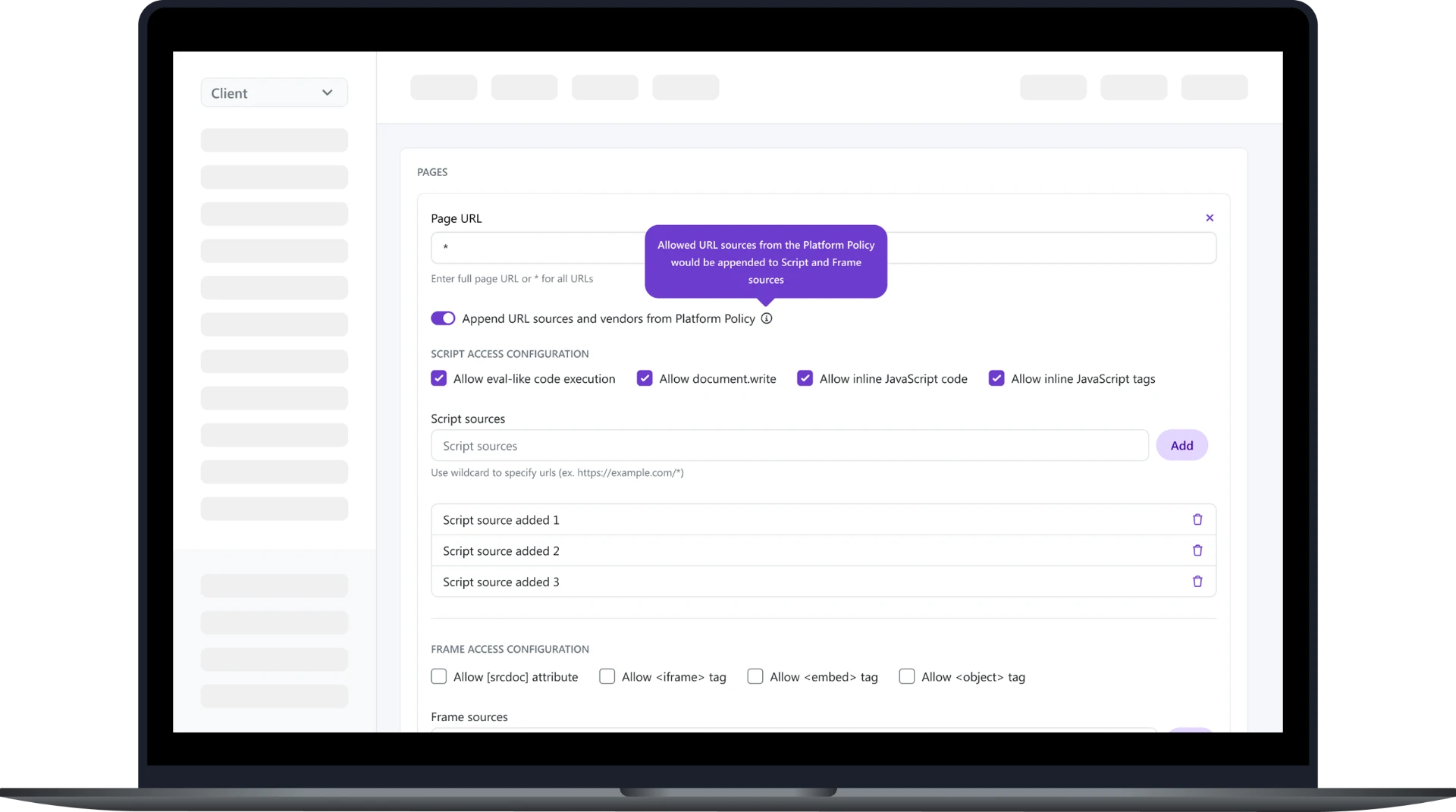Script access configuration screen with a contextual tooltip