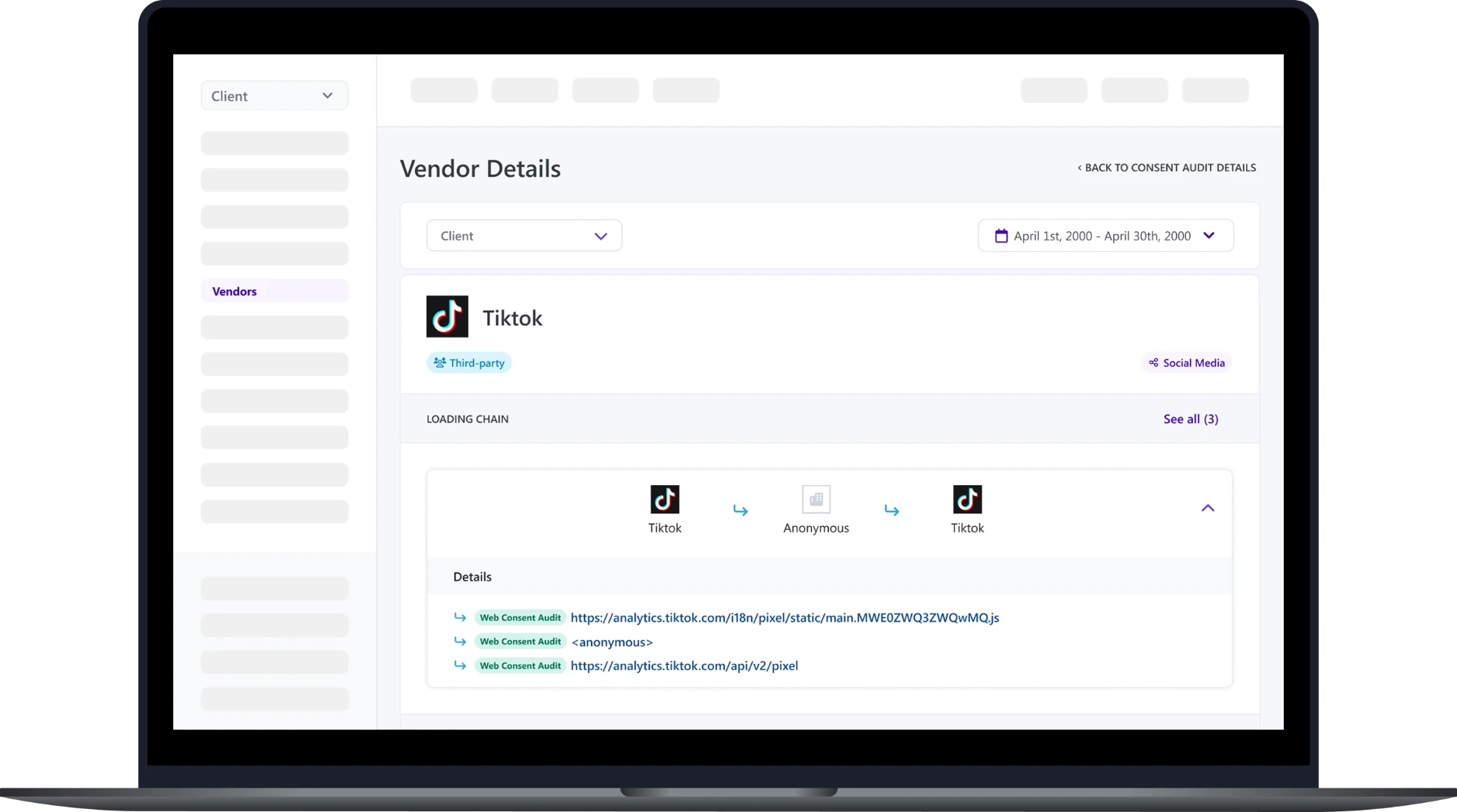 Vendors report with the Web Consent Audit tag