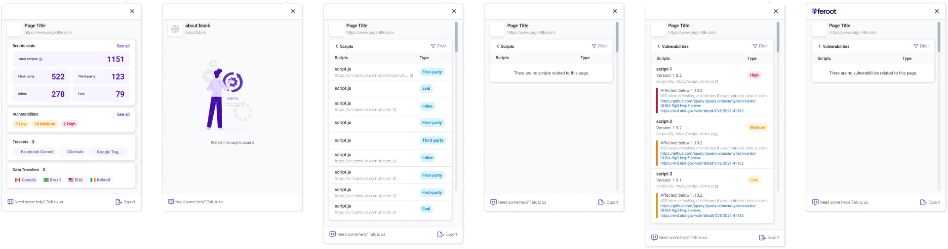 Version 1 screens: script stats, vulnerabilities and empty states