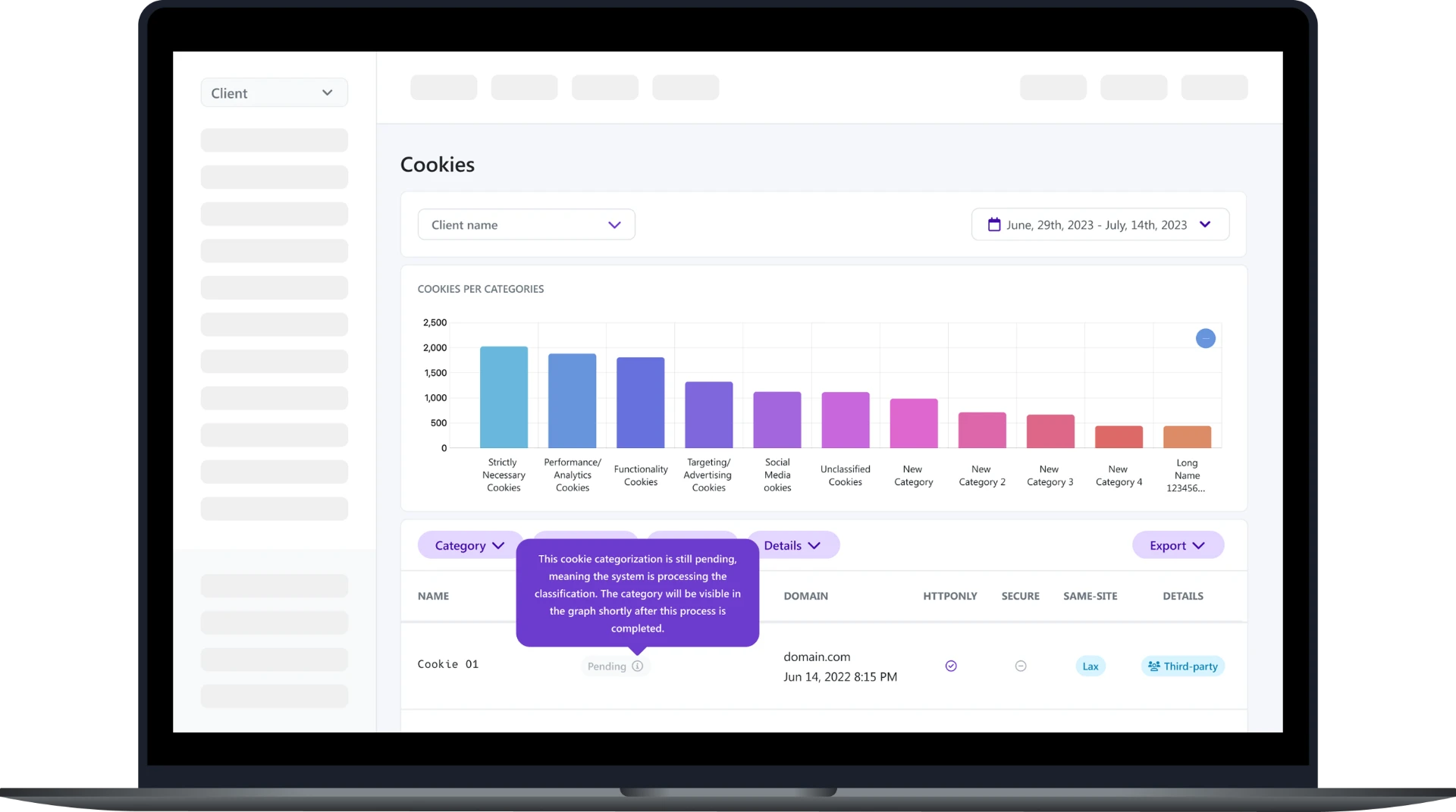 Cookies dashboard with a tooltip explaining pending categorization