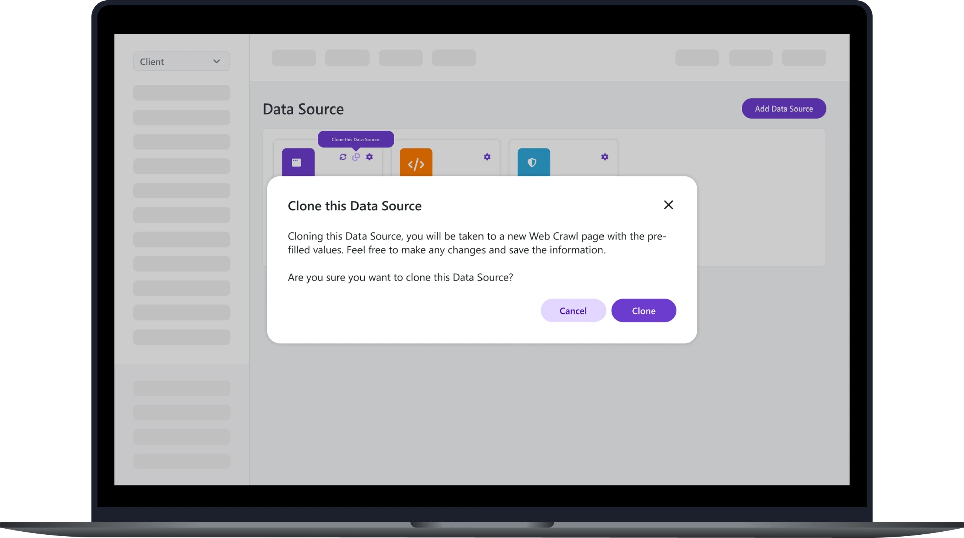 Data source clone confirmation modal