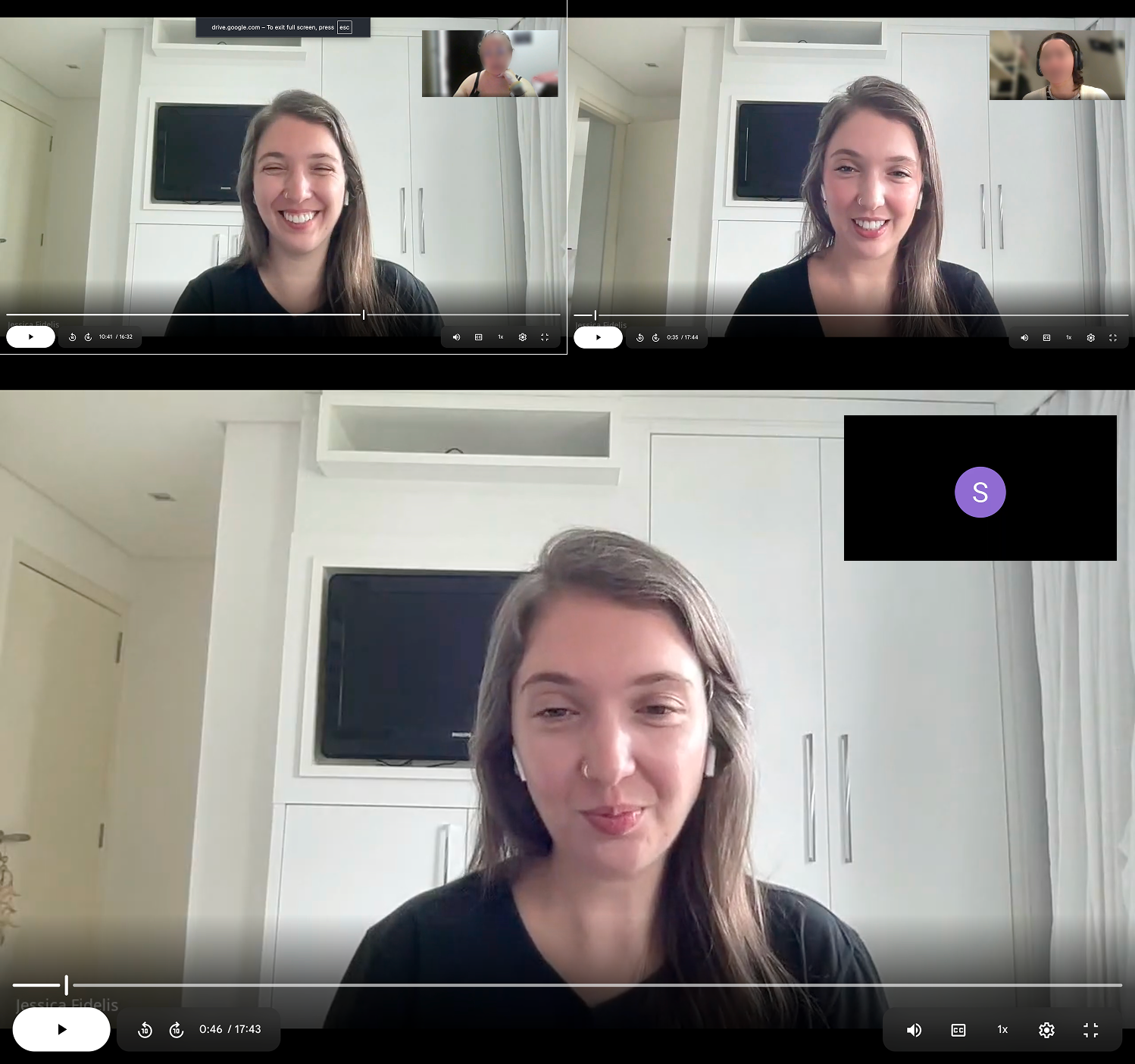 Screen recordings from three of the four interview sessions over video call
