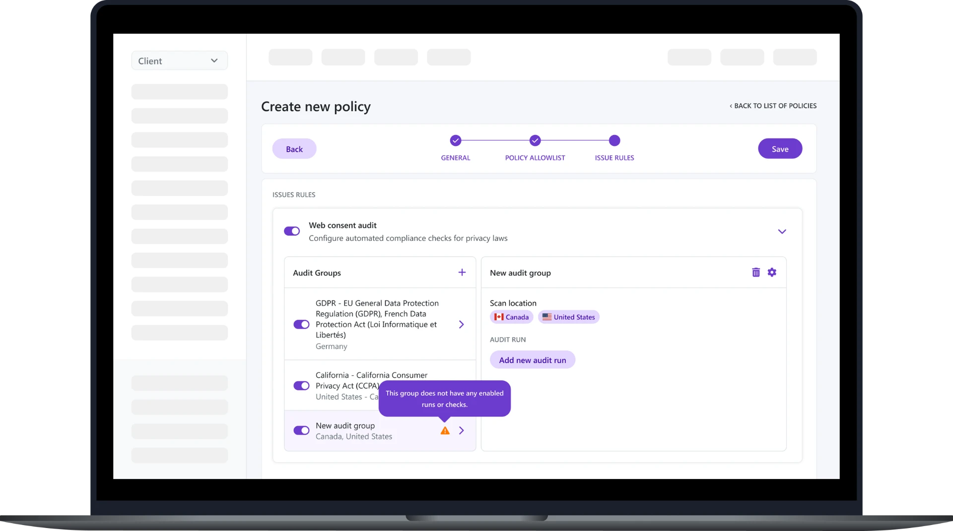 Policy creation screen with a warning tooltip on an audit group